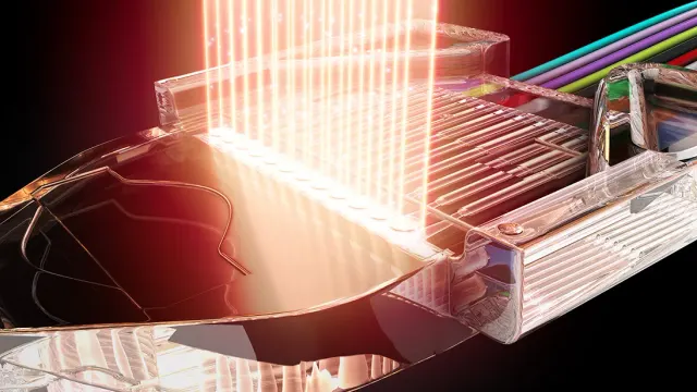 ภาพจำลองหัวต่อไฟเบอร์ออปติก Expanded Beam Optical ของ 3M ที่ใช้เลนส์ขยายลำแสง เทคโนโลยีหลักในดีล 3M Amazon