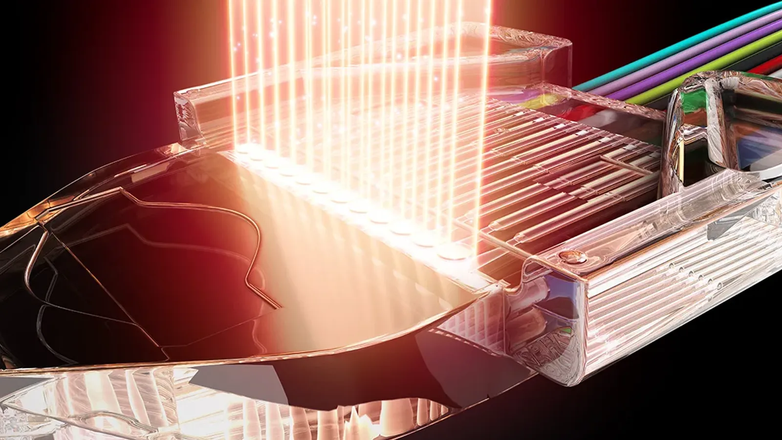 ภาพจำลองหัวต่อไฟเบอร์ออปติก Expanded Beam Optical ของ 3M ที่ใช้เลนส์ขยายลำแสง เทคโนโลยีหลักในดีล 3M Amazon