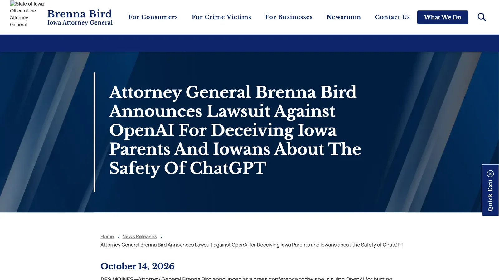 ประกาศข่าวของอัยการสูงสุดไอโอวา Brenna Bird ลงวันที่ 14 ตุลาคม 2026 เรื่องฟ้อง OpenAI ระบุว่าแคนซัส เนแบรสกา และเวสต์เวอร์จิเนียร่วมแถลง ส่วนอาร์คันซอ แอริโซนา ไอดาโฮ และมอนแทนาก็ฟ้องในศาลของรัฐ รวมเป็น 8 รัฐฟ้อง OpenAI