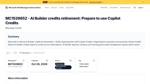 ข้อความ MC1526652 AI Builder credits retirement: Prepare to use Copilot Credits เผยแพร่ 26 ตุลาคม 2026 ระบุว่า Microsoft เลิก AI Builder credits ภายใน 1 พฤศจิกายน 2026 และให้ใช้ Copilot Credits แทน