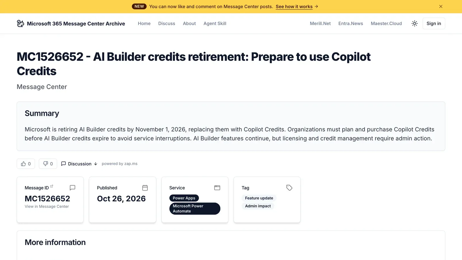 ข้อความ MC1526652 AI Builder credits retirement: Prepare to use Copilot Credits เผยแพร่ 26 ตุลาคม 2026 ระบุว่า Microsoft เลิก AI Builder credits ภายใน 1 พฤศจิกายน 2026 และให้ใช้ Copilot Credits แทน