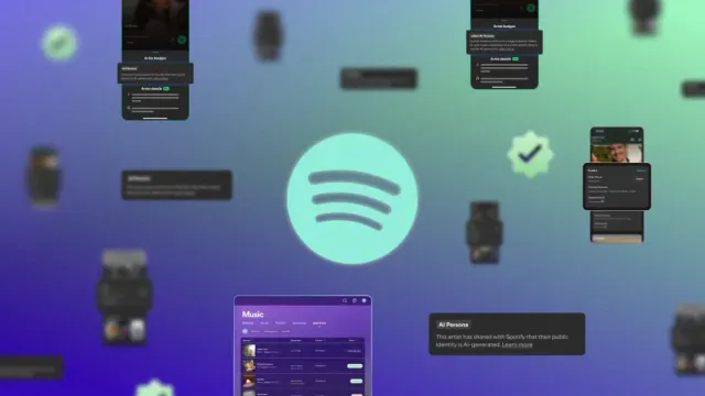 ภาพหัวข่าวของ Spotify เรื่องการรับมือเพลง AI บน Spotify โลโก้ Spotify ล้อมด้วยหน้าจอป้าย Verified และ AI Persona