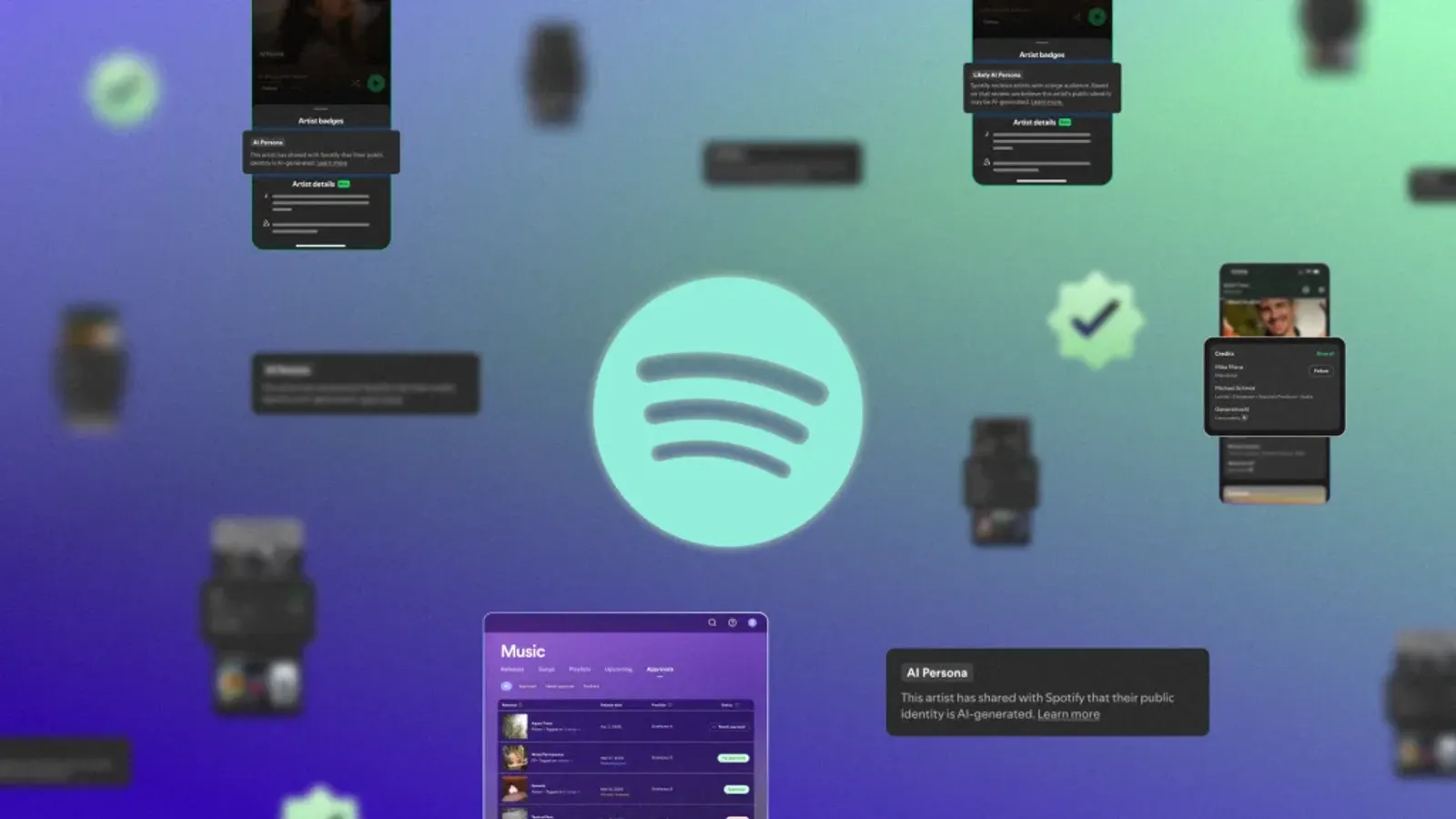 ภาพหัวข่าวของ Spotify เรื่องการรับมือเพลง AI บน Spotify โลโก้ Spotify ล้อมด้วยหน้าจอป้าย Verified และ AI Persona