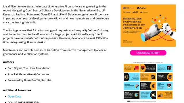 หน้ารายงาน Navigating Open Source Software Development in the Generative AI Era ของ LF Research สรุปว่า AI slop คิดเป็น 1 ใน 4 ของ pull request และมีภาพปกรายงานพร้อมโลโก้ Red Hat, OpenSSF และ LF AI & Data