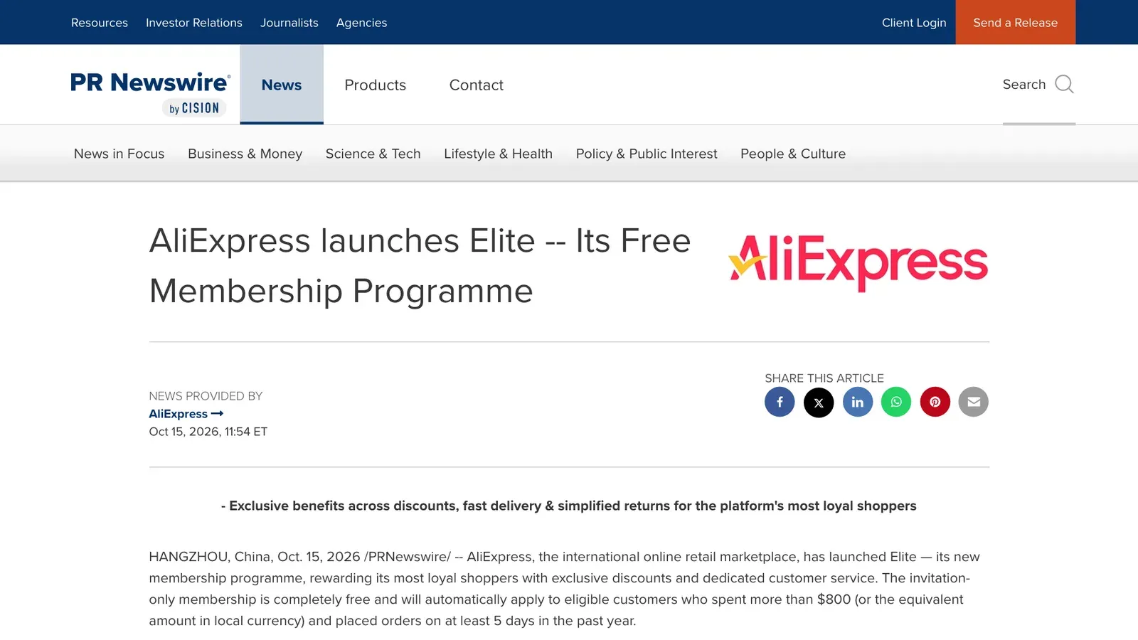 ข่าวประชาสัมพันธ์ของ AliExpress วันที่ 15 ตุลาคม 2026 เรื่องเปิดตัวสมาชิก Elite ก่อน AliExpress 11.11 2026