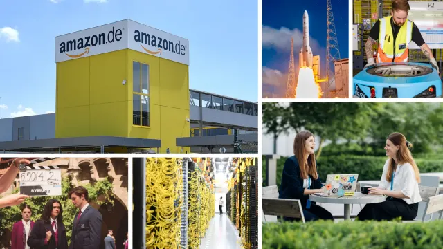 ภาพปะติดหกภาพจากประกาศ Amazon ลงทุนเยอรมนี: อาคาร amazon.de จรวดปล่อยดาวเทียม หุ่นยนต์ในศูนย์กระจายสินค้า พนักงาน การถ่ายทำ และสายเคเบิลในดาต้าเซ็นเตอร์