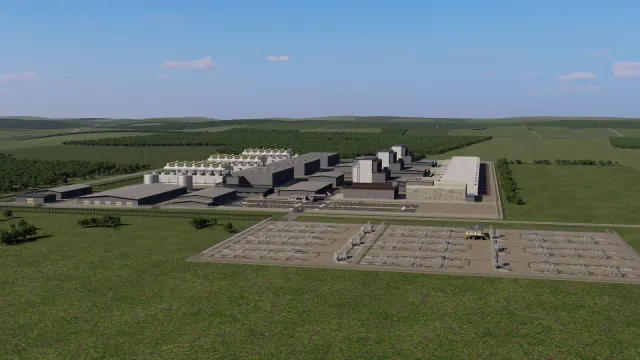 ภาพจำลองโรงไฟฟ้า Amazon SMR Indiana ที่เสนอสร้างใน Sullivan County รัฐ Indiana มองจากระดับพื้น เห็นอาคารเครื่องปฏิกรณ์และระบบระบายความร้อน