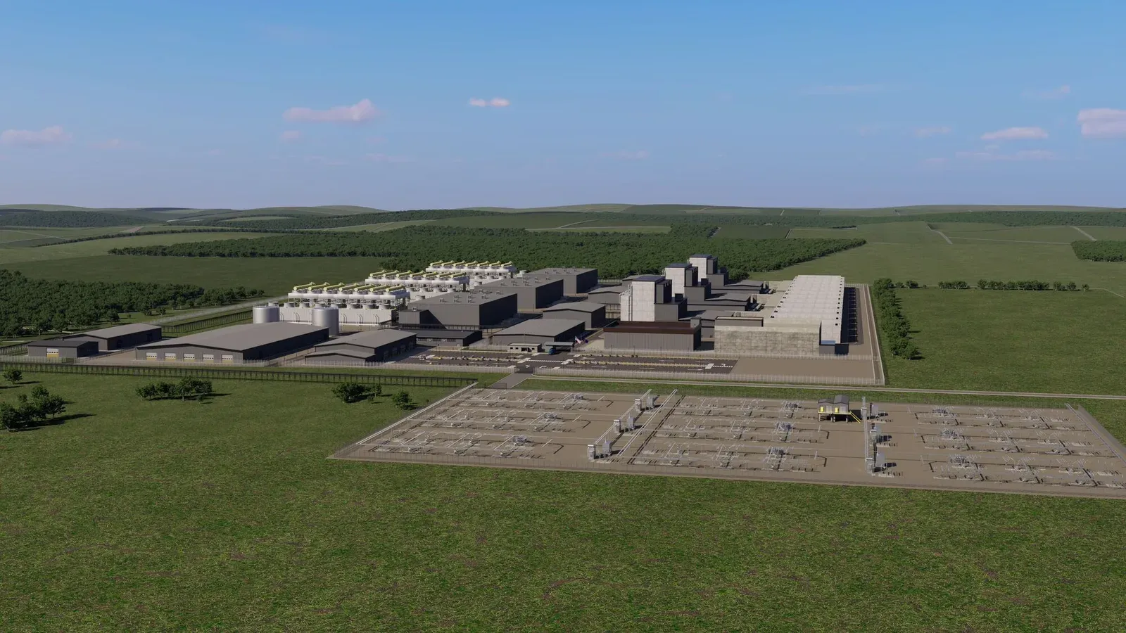 ภาพจำลองโรงไฟฟ้า Amazon SMR Indiana ที่เสนอสร้างใน Sullivan County รัฐ Indiana มองจากระดับพื้น เห็นอาคารเครื่องปฏิกรณ์และระบบระบายความร้อน