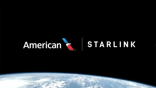 ภาพประชาสัมพันธ์ของ American Airlines แสดงโลโก้ American คู่กับโลโก้ STARLINK บนพื้นหลังอวกาศเหนือขอบโลก