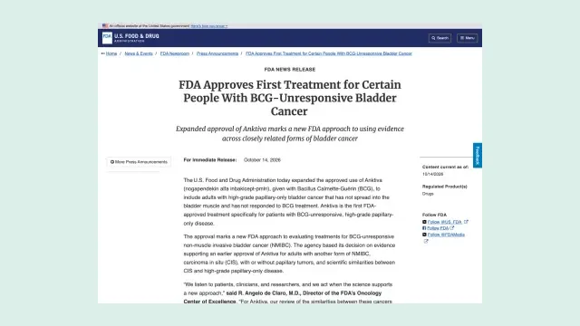 หน้าประกาศของ FDA ลงวันที่ 14 ตุลาคม 2026 FDA Approves First Treatment for Certain People With BCG-Unresponsive Bladder Cancer เรื่องการขยายข้อบ่งใช้ยา Anktiva