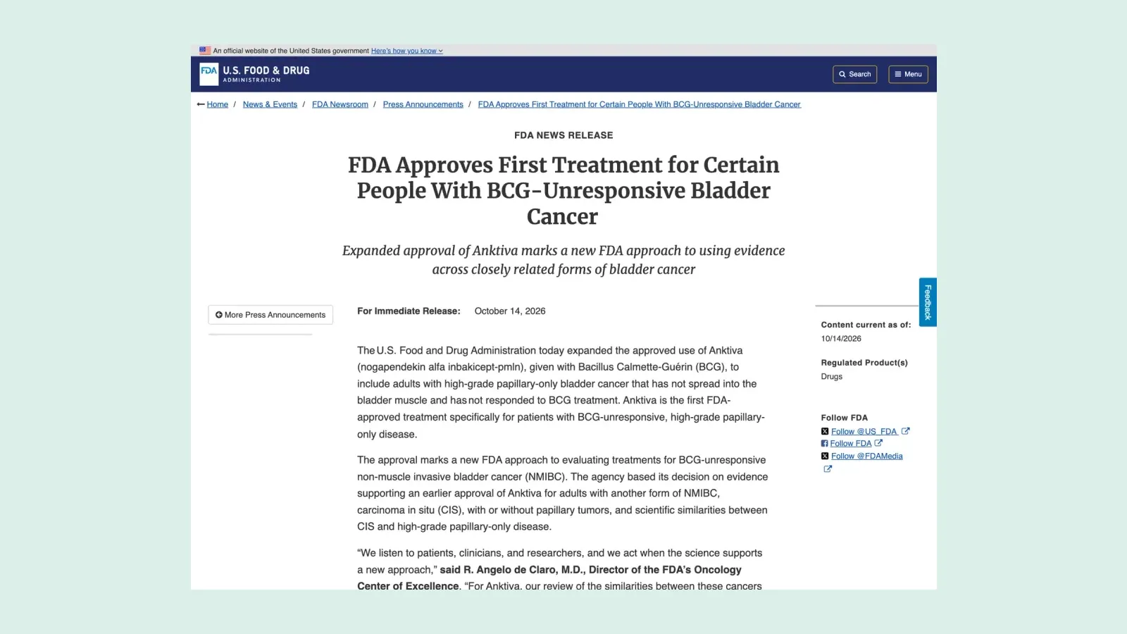 หน้าประกาศของ FDA ลงวันที่ 14 ตุลาคม 2026 FDA Approves First Treatment for Certain People With BCG-Unresponsive Bladder Cancer เรื่องการขยายข้อบ่งใช้ยา Anktiva