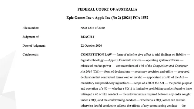 หน้าคำพิพากษาคดี App Store ออสเตรเลีย Epic Games Inc v Apple Inc (No 2) [2026] FCA 1552 บนเว็บไซต์ศาลกลางออสเตรเลีย ระบุผู้พิพากษา Beach และวันที่ 22 ตุลาคม 2026