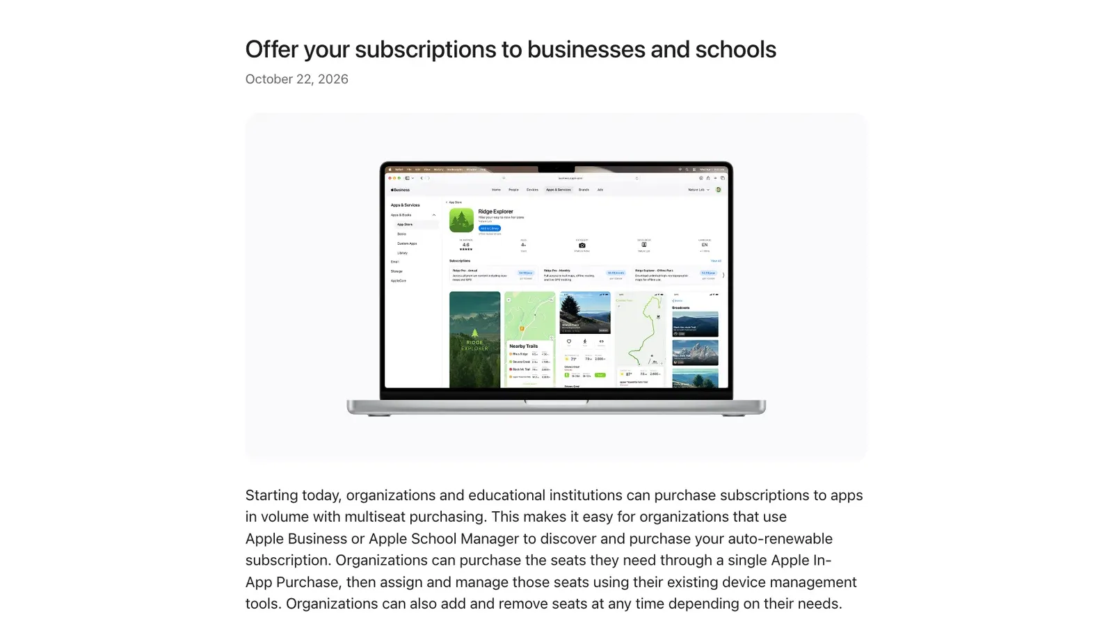 ประกาศ Apple Developer วันที่ 22 ตุลาคม 2026 เรื่อง Multiseat Purchasing ให้องค์กรและโรงเรียนซื้อ subscription แอปผ่าน Apple Business และ Apple School Manager