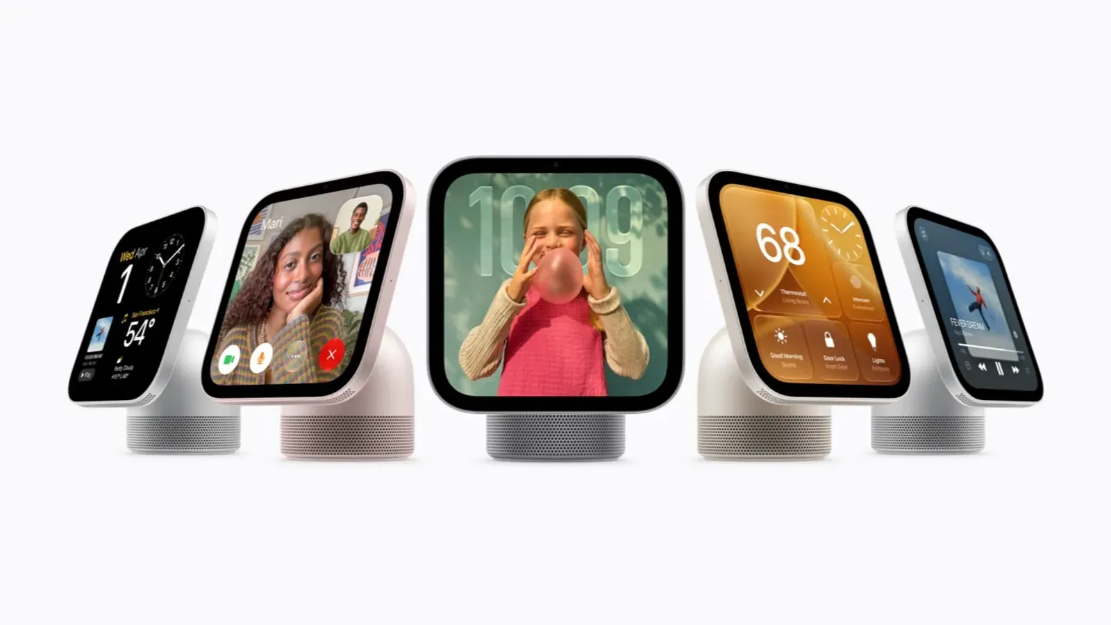 Apple HomeView ราคา 299 ดอลลาร์ รุ่นตั้งโต๊ะหลายสี แสดงนาฬิกา FaceTime และแผงควบคุมบ้านบนจอ 7 นิ้ว