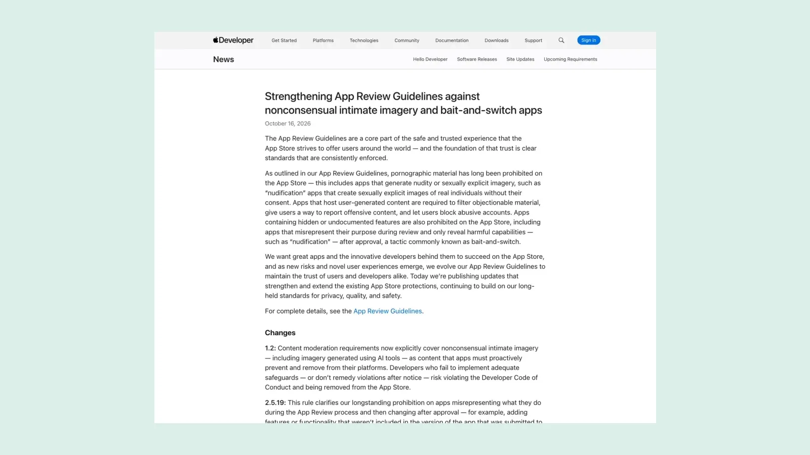 ประกาศของ Apple วันที่ 16 ตุลาคม 2026 เรื่องการคุมเข้มแอป nudify และแอป bait-and-switch ใน App Review Guidelines พร้อมรายการข้อที่เปลี่ยน