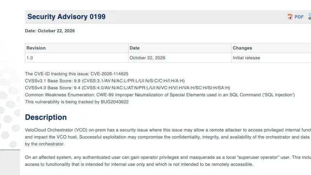 หน้าประกาศ Security Advisory 0199 ของ Arista วันที่ 22 ตุลาคม 2026 ระบุ CVE-2026-114625 คะแนน CVSSv3.1 9.9 CVSSv4.0 9.4 และ CWE-89 SQL Injection ใน VeloCloud Orchestrator