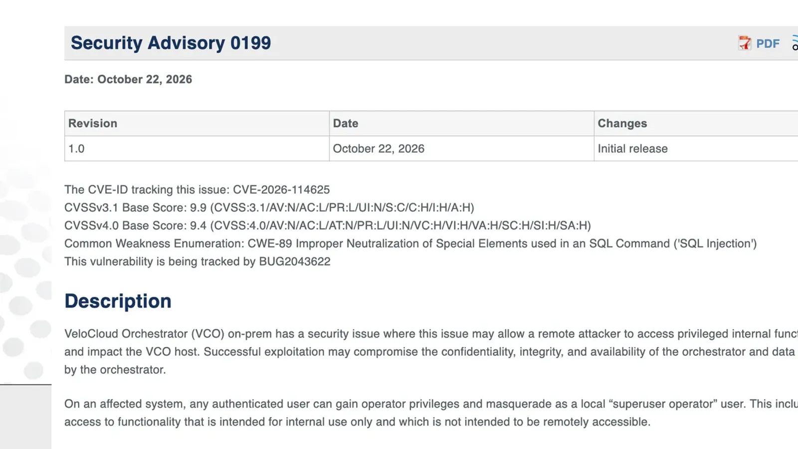 หน้าประกาศ Security Advisory 0199 ของ Arista วันที่ 22 ตุลาคม 2026 ระบุ CVE-2026-114625 คะแนน CVSSv3.1 9.9 CVSSv4.0 9.4 และ CWE-89 SQL Injection ใน VeloCloud Orchestrator
