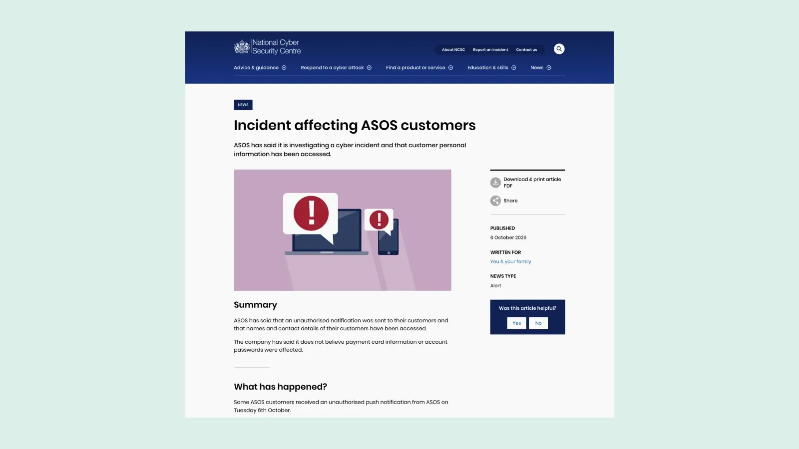 หน้าประกาศ Incident affecting ASOS customers ของ NCSC เผยแพร่ 6 ตุลาคม 2026 ระบุว่าข้อมูลส่วนบุคคลของลูกค้า ASOS ถูกเข้าถึง