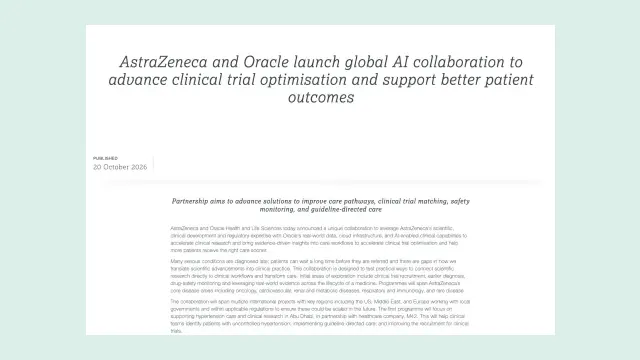 หน้าประกาศ AstraZeneca Oracle AI บนเว็บไซต์ AstraZeneca ลงวันที่ 20 ตุลาคม 2026 เรื่องความร่วมมือด้าน AI เพื่อการทดลองทางคลินิก