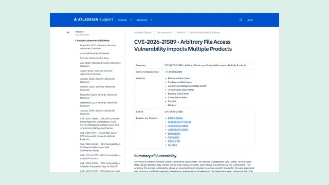 หน้าประกาศช่องโหว่ CVE-2026-21589 ของ Atlassian ลงวันที่ 5 ตุลาคม 2026 ระบุผลิตภัณฑ์ที่ได้รับผลกระทบ 8 รายการ ได้แก่ Bitbucket, Confluence, Jira Service Management, Jira Software, Bamboo, Crowd, Crucible และ Fisheye