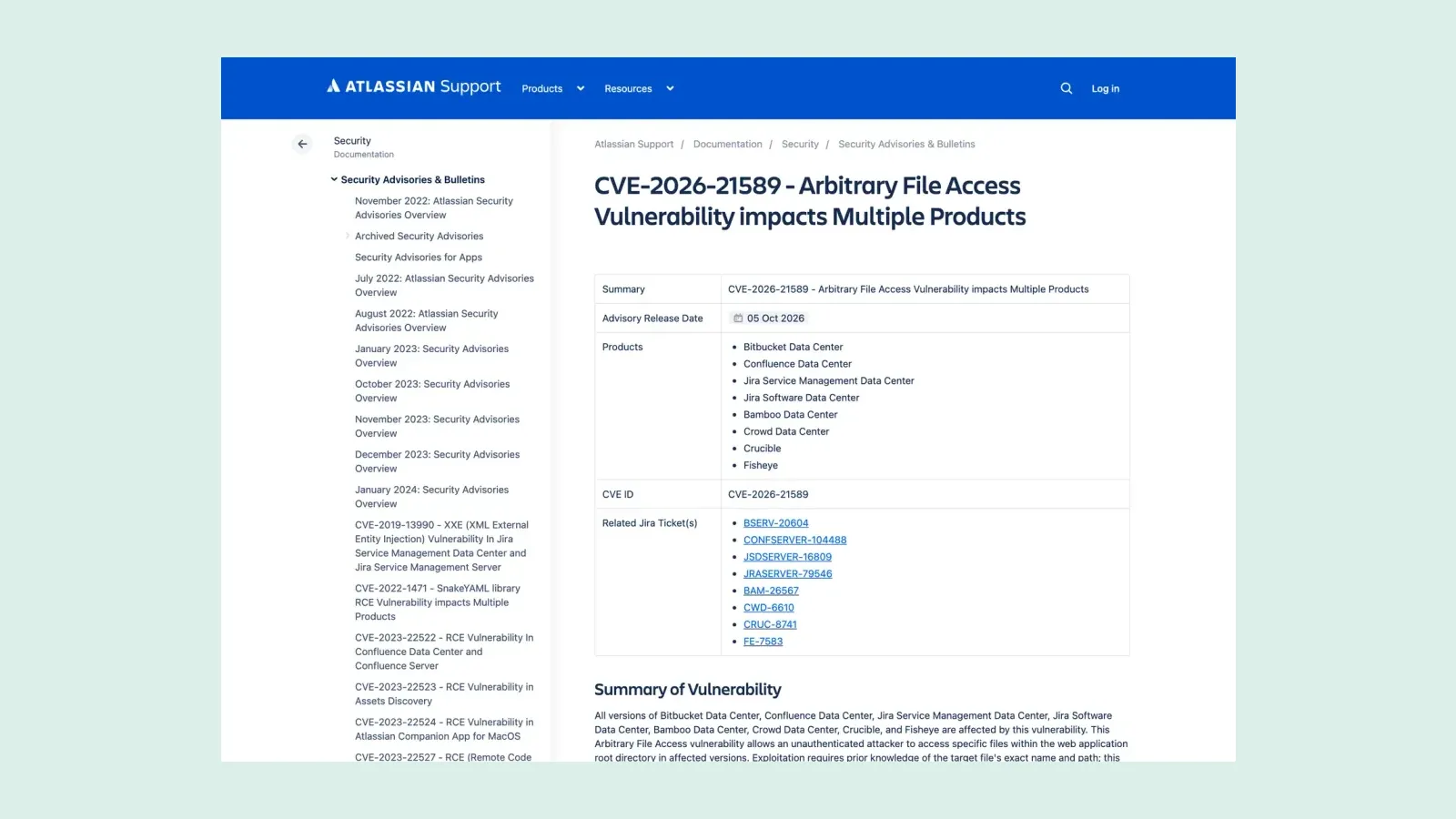 หน้าประกาศช่องโหว่ CVE-2026-21589 ของ Atlassian ลงวันที่ 5 ตุลาคม 2026 ระบุผลิตภัณฑ์ที่ได้รับผลกระทบ 8 รายการ ได้แก่ Bitbucket, Confluence, Jira Service Management, Jira Software, Bamboo, Crowd, Crucible และ Fisheye