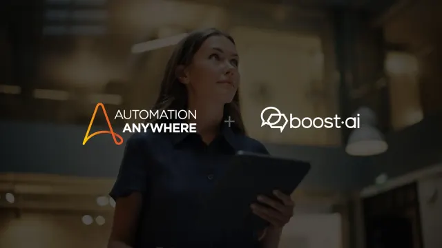 โลโก้ Automation Anywhere และ Boost.ai วางคู่กันบนภาพพนักงานหญิงถือแท็บเล็ต จากประกาศการซื้อกิจการ