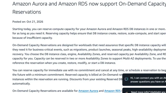 ภาพหน้าจอประกาศ RDS Capacity Reservations บนหน้า What's New ของ AWS ลงวันที่ 21 ตุลาคม 2026