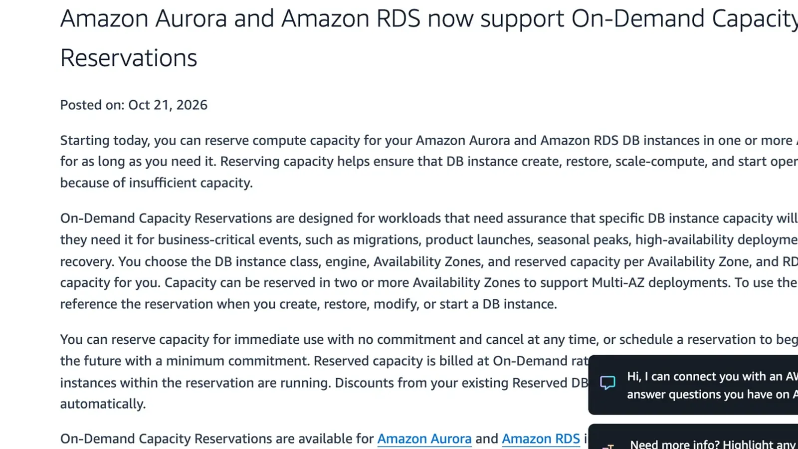 ภาพหน้าจอประกาศ RDS Capacity Reservations บนหน้า What's New ของ AWS ลงวันที่ 21 ตุลาคม 2026