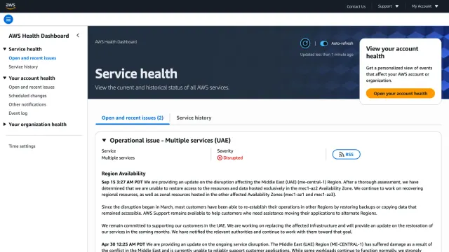 หน้า AWS Health Dashboard แสดงประกาศวันที่ 15 กันยายน 2026 ว่ากู้ข้อมูลใน Availability Zone mec1-az2 ของ Region Middle East (UAE) ไม่ได้