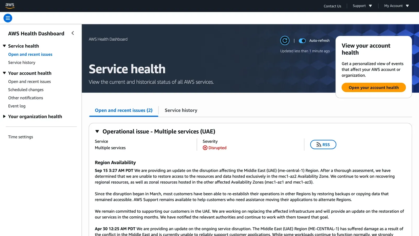 หน้า AWS Health Dashboard แสดงประกาศวันที่ 15 กันยายน 2026 ว่ากู้ข้อมูลใน Availability Zone mec1-az2 ของ Region Middle East (UAE) ไม่ได้