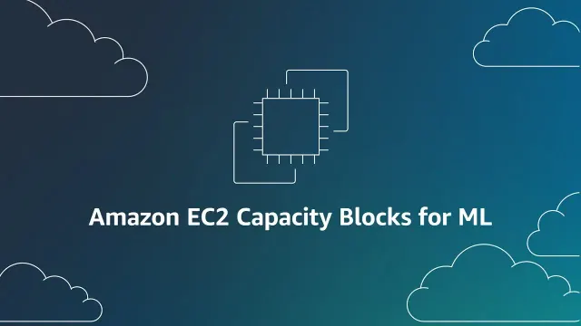 ภาพประกอบบริการ Amazon EC2 Capacity Blocks for ML ของ AWS เป็นไอคอนชิปบนพื้นสีน้ำเงินเขียวพร้อมชื่อบริการ