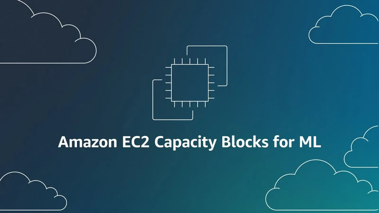 ภาพประกอบบริการ Amazon EC2 Capacity Blocks for ML ของ AWS เป็นไอคอนชิปบนพื้นสีน้ำเงินเขียวพร้อมชื่อบริการ