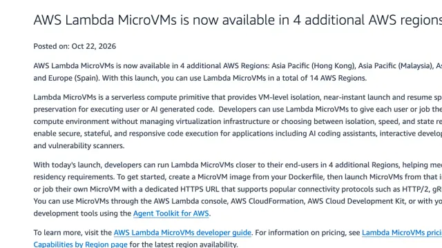 ประกาศ AWS What's New วันที่ 22 ตุลาคม 2026 ว่า Lambda MicroVMs เปิดเพิ่ม 4 Region รวม Asia Pacific (Thailand) ทำให้มี Lambda MicroVMs Region ไทยใช้แล้ว