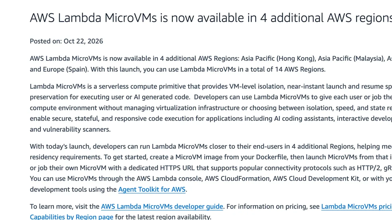 ประกาศ AWS What's New วันที่ 22 ตุลาคม 2026 ว่า Lambda MicroVMs เปิดเพิ่ม 4 Region รวม Asia Pacific (Thailand) ทำให้มี Lambda MicroVMs Region ไทยใช้แล้ว