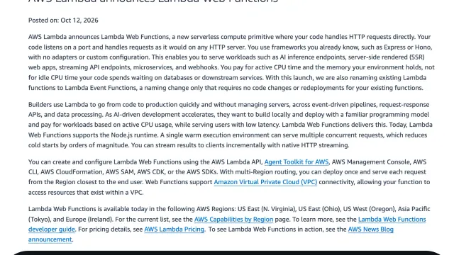 ภาพหน้าจอประกาศ AWS Lambda announces Lambda Web Functions บนหน้า What's New ของ AWS ลงวันที่ 12 ตุลาคม 2026 ระบุการคิดเงินตาม active CPU และ 5 Region ที่เปิดให้ใช้