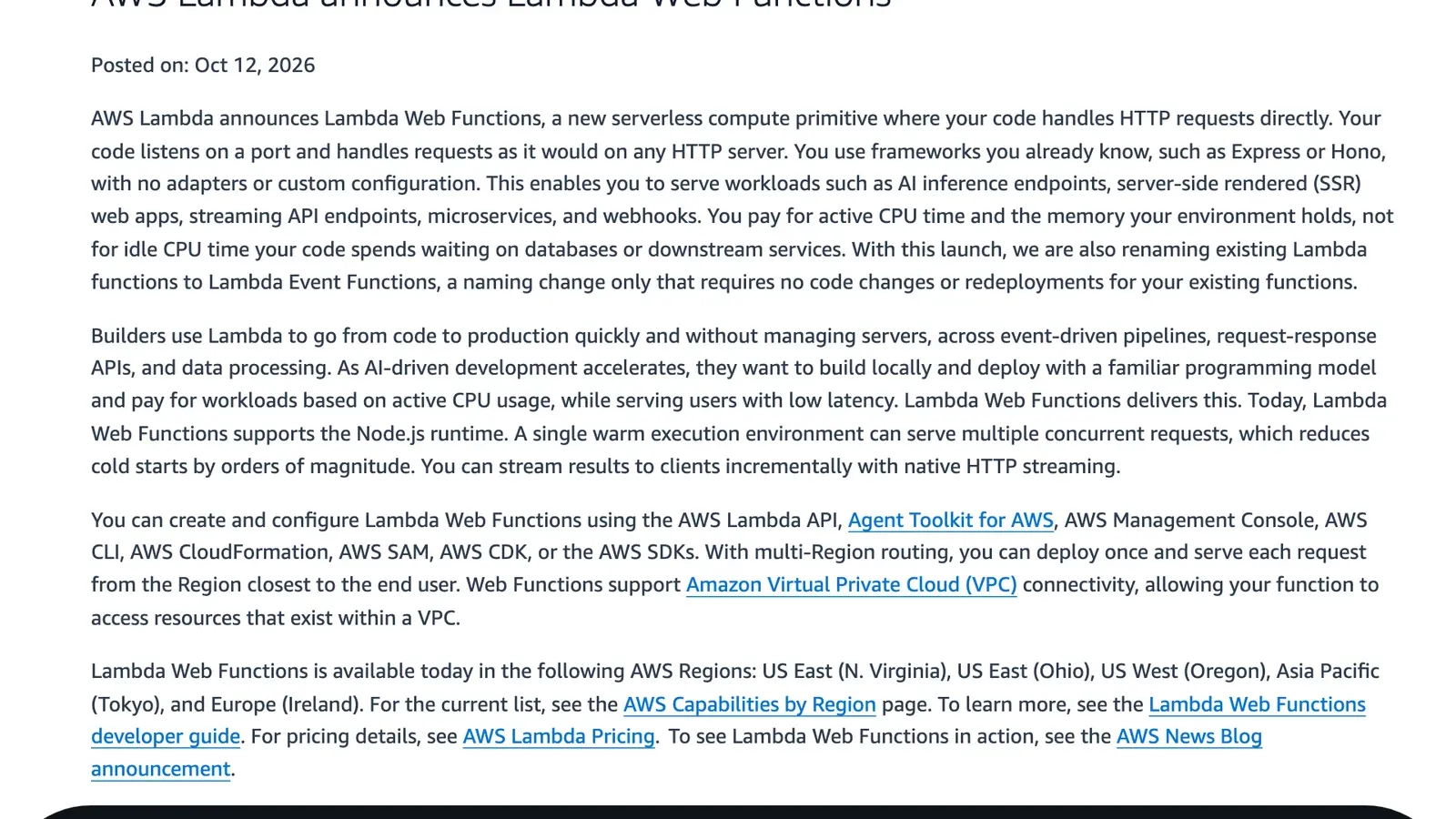ภาพหน้าจอประกาศ AWS Lambda announces Lambda Web Functions บนหน้า What's New ของ AWS ลงวันที่ 12 ตุลาคม 2026 ระบุการคิดเงินตาม active CPU และ 5 Region ที่เปิดให้ใช้