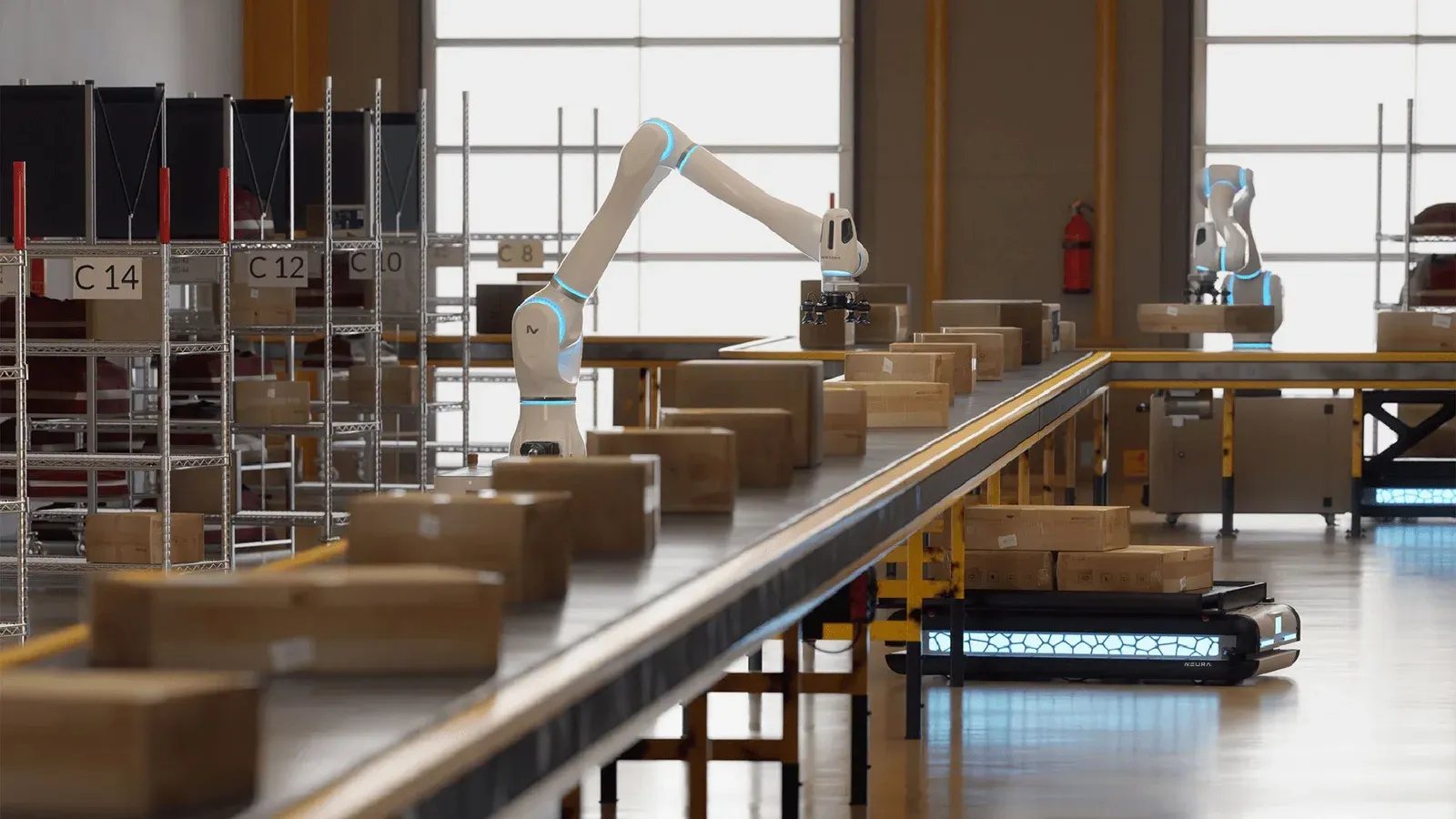 ภาพประกอบประกาศเปิดตัว Physical AI Toolchain on AWS แสดงแขนกลทำงานข้างสายพานลำเลียงกล่องและหุ่นยนต์เคลื่อนที่ในอาคาร