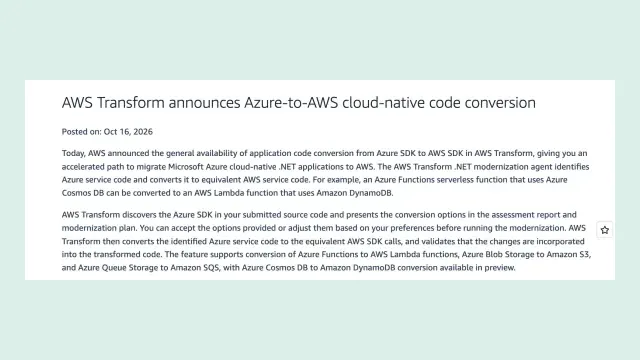 หน้าประกาศ What's New ของ AWS ลงวันที่ 16 ตุลาคม 2026 เรื่อง AWS Transform แปลงโค้ด Azure เป็น AWS