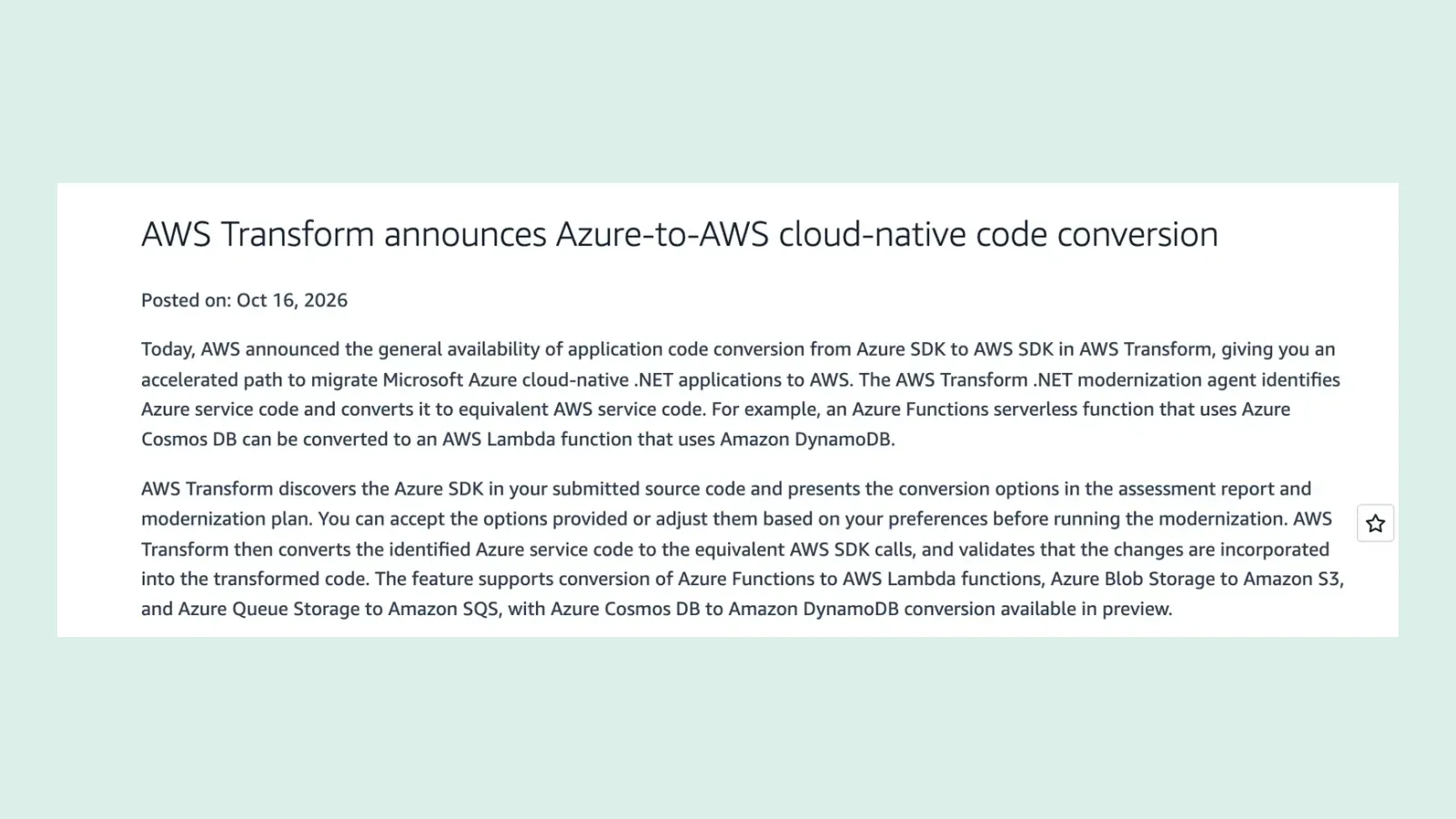 หน้าประกาศ What's New ของ AWS ลงวันที่ 16 ตุลาคม 2026 เรื่อง AWS Transform แปลงโค้ด Azure เป็น AWS
