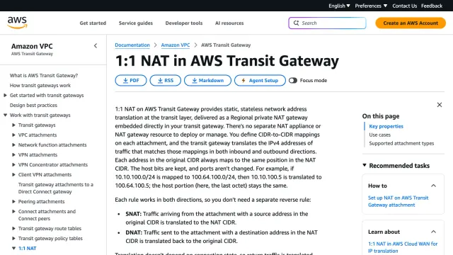 หน้าคู่มือ AWS Transit Gateway 1:1 NAT อธิบายการแปลงที่อยู่แบบคงที่และไม่เก็บสถานะ พร้อมตัวอย่าง 10.10.100.5 แปลงเป็น 100.64.100.5