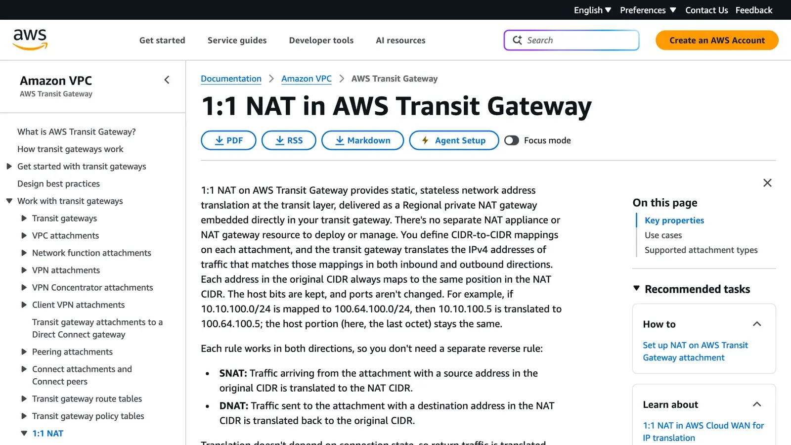 หน้าคู่มือ AWS Transit Gateway 1:1 NAT อธิบายการแปลงที่อยู่แบบคงที่และไม่เก็บสถานะ พร้อมตัวอย่าง 10.10.100.5 แปลงเป็น 100.64.100.5