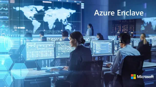 ภาพประกอบประกาศ Azure Enclave GA ของ Microsoft แสดงห้องปฏิบัติการที่เจ้าหน้าที่ทำงานหน้าจอหลายจอ พร้อมข้อความ Azure Enclave