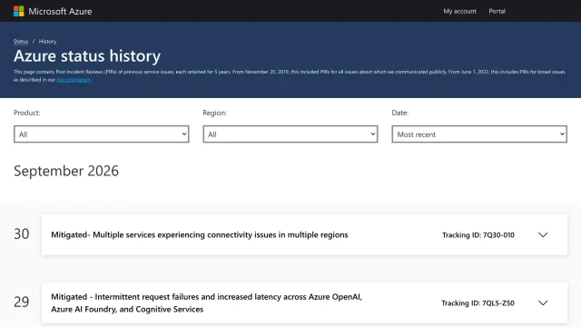 ภาพหน้าจอหน้า Azure status history แสดงเหตุการณ์วันที่ 30 และ 29 กันยายน 2026 พร้อม Tracking ID