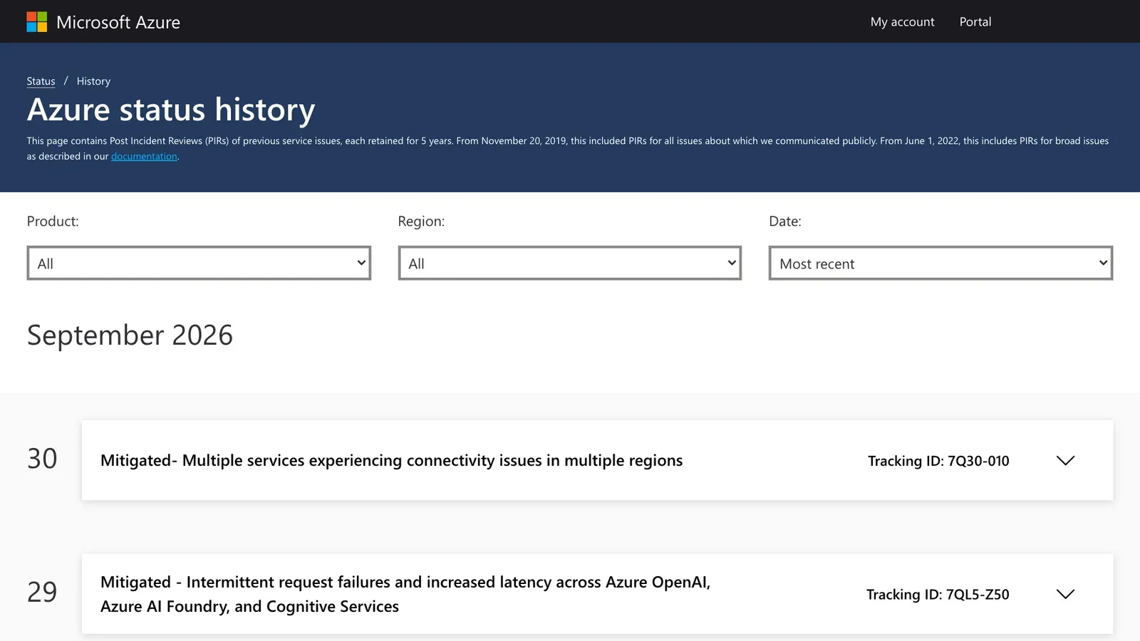 ภาพหน้าจอหน้า Azure status history แสดงเหตุการณ์วันที่ 30 และ 29 กันยายน 2026 พร้อม Tracking ID