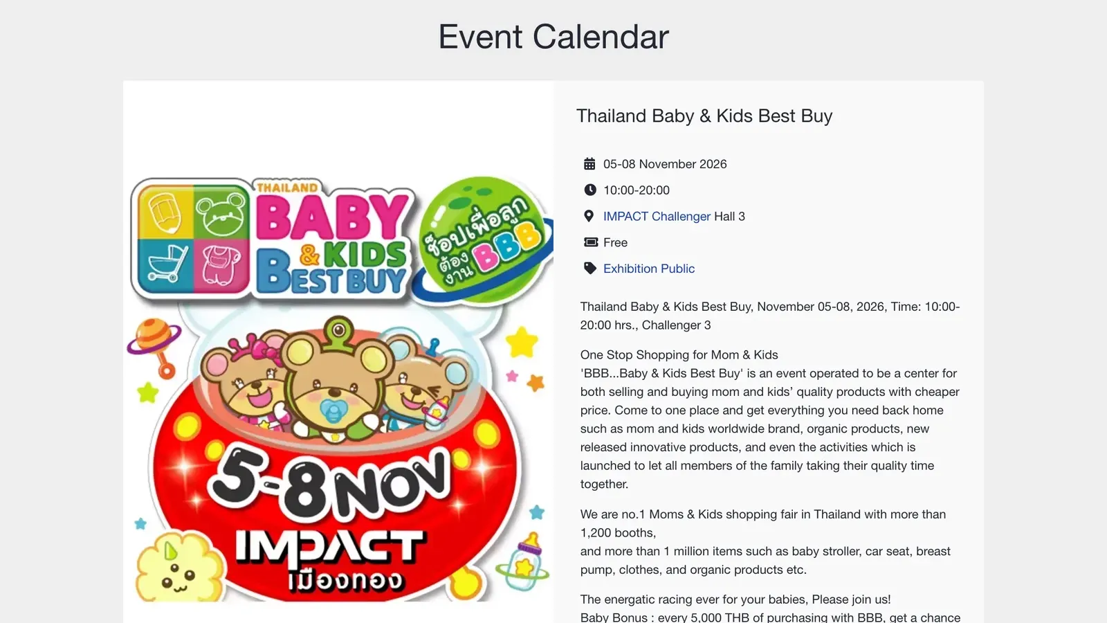 หน้าปฏิทินงาน Thailand Baby & Kids Best Buy บนเว็บไซต์อิมแพ็ค เมืองทองธานี ระบุวันที่ 05–08 November 2026 เวลา 10:00–20:00 IMPACT Challenger Hall 3 ค่าเข้าชม Free ถ่ายเมื่อ 23 ตุลาคม 2026