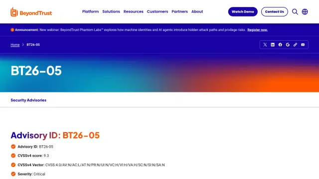 หน้าประกาศความปลอดภัย BT26-05 ของ BeyondTrust ระบุ CVSSv4 9.3 ระดับ Critical ออกวันที่ 15 ตุลาคม 2026 สำหรับช่องโหว่ CVE-2026-102764 ใน Remote Support