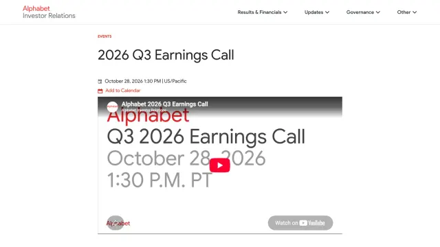 หน้ากิจกรรม 2026 Q3 Earnings Call ของ Alphabet ระบุวันที่ 28 ตุลาคม 2026 เวลา 13:30 น. ตามเวลาแปซิฟิก ซึ่งเป็นรายการแรกของการประกาศงบ Big Tech Q3 2026 สัปดาห์นี้