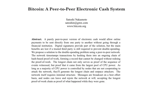 หน้าแรกของ White Paper เรื่อง Bitcoin: A Peer-to-Peer Electronic Cash System โดย Satoshi Nakamoto แสดงชื่อเรื่อง ชื่อผู้เขียน อีเมล satoshin@gmx.com เว็บไซต์ www.bitcoin.org และบทคัดย่อ
