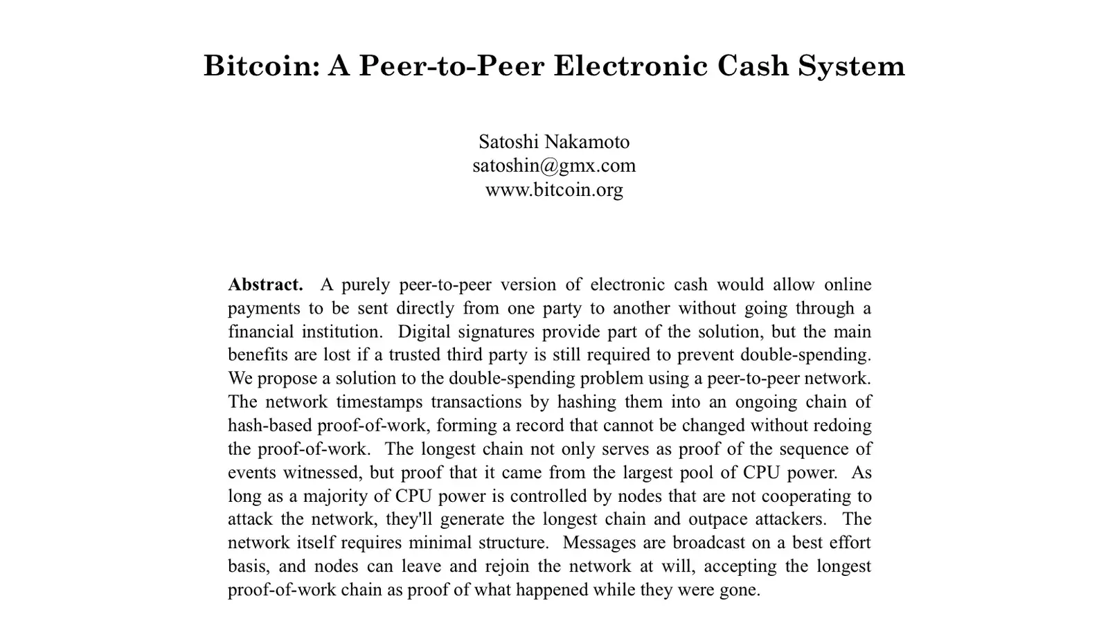หน้าแรกของ White Paper เรื่อง Bitcoin: A Peer-to-Peer Electronic Cash System โดย Satoshi Nakamoto แสดงชื่อเรื่อง ชื่อผู้เขียน อีเมล satoshin@gmx.com เว็บไซต์ www.bitcoin.org และบทคัดย่อ