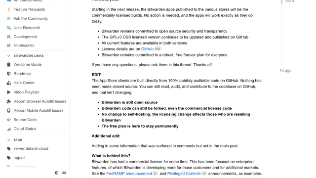 ภาพหน้าจอประกาศ Published version update in app stores ในฟอรัมชุมชน Bitwarden โดยพนักงาน Bitwarden ลงวันที่ 9 ตุลาคม 2026 เรื่องไลเซนส์ Bitwarden ของแอปในสโตร์